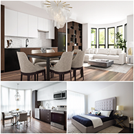 An interior view of Le Montefiore apartment, with a furnished kitchen, living room, and bedroom.