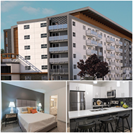 An exterior view of the Hedstrom House apartment building in Langford BC, and an interior view of a furnished bedroom and furnished kitchen.