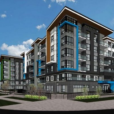 A render of an exterior view of the Metro apartment building.